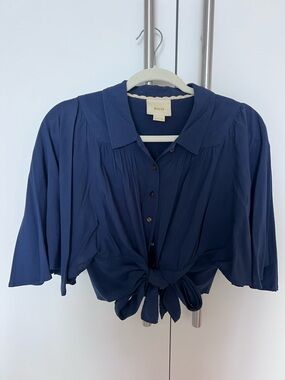 Maeve Navy Tie-Front Blouse with Short Flutter Sleeves